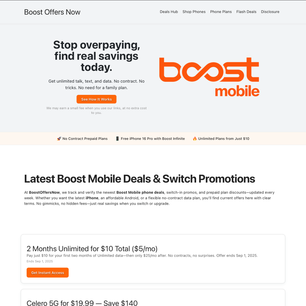 A preview image of the website Boost Offers Now - Boost Mobile Affiliate Offers